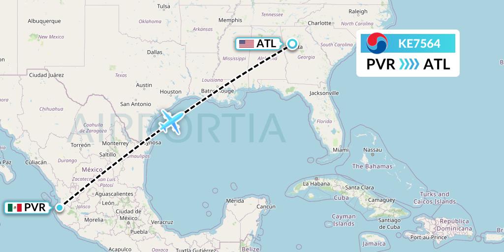 KE7564 Korean Air Flight Map: Puerto Vallarta to Atlanta