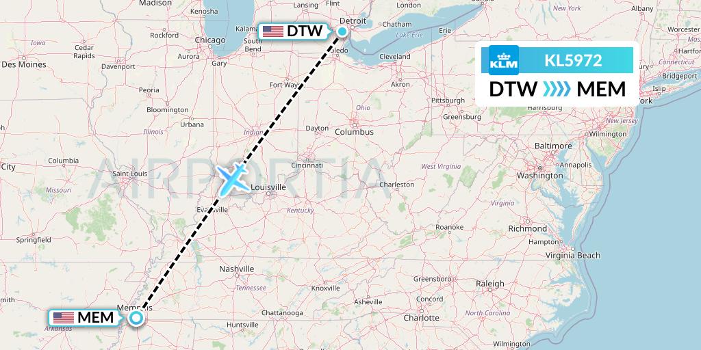 KL5972 KLM Flight Map: Detroit to Memphis