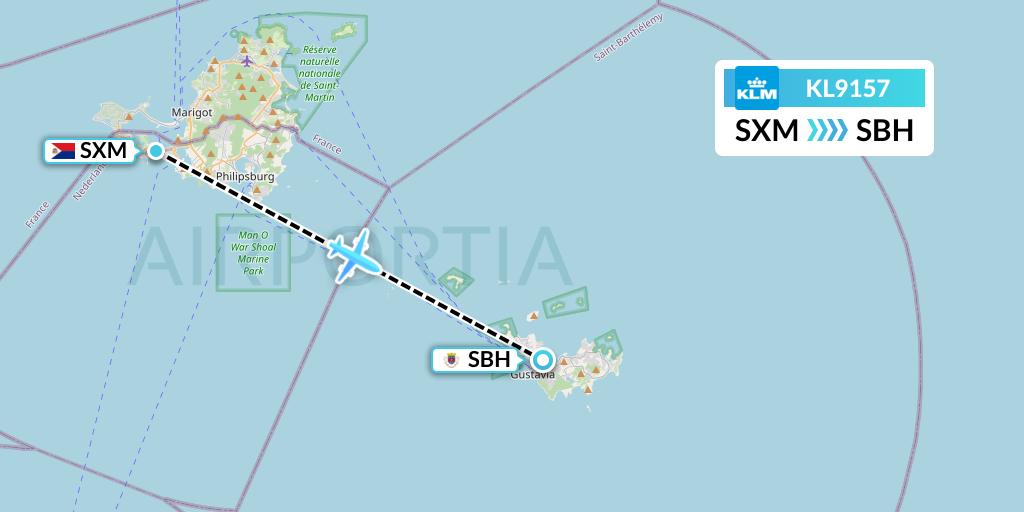 KL9157 KLM Flight Map: Sint Maarten to St. Jean