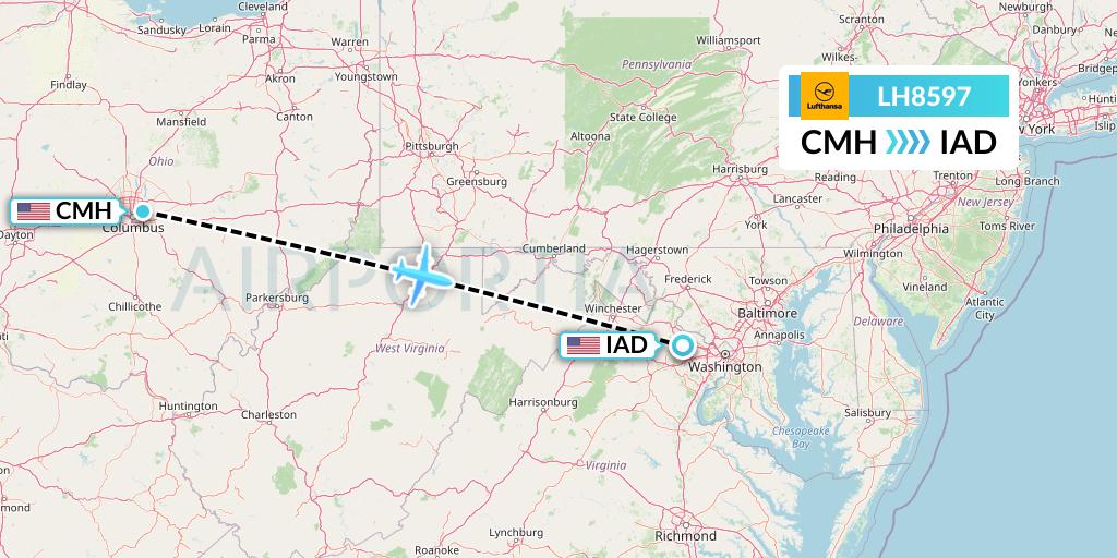 LH8597 Lufthansa Flight Map: Columbus to Washington