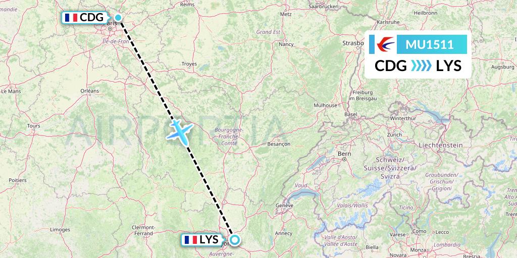 MU1511 China Eastern Airlines Flight Map: Paris to Lyon