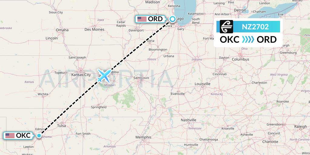 NZ2702 Air New Zealand Flight Map: Oklahoma City to Chicago