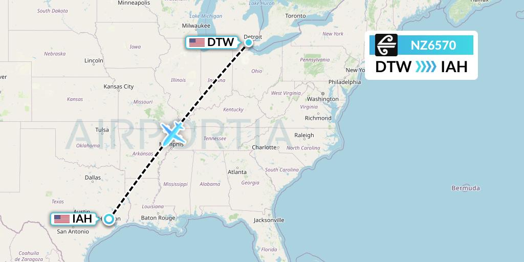 NZ6570 Air New Zealand Flight Map: Detroit to Houston