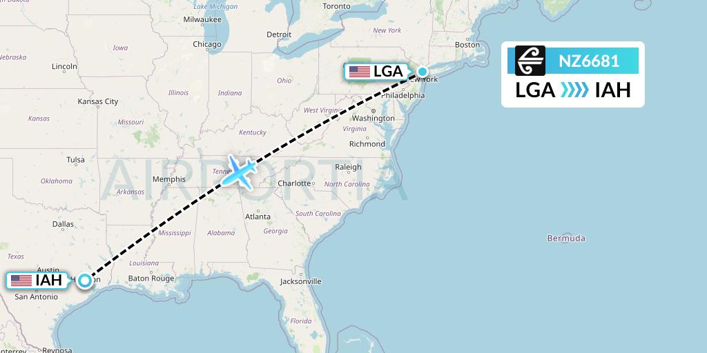 NZ6681 Air New Zealand Flight Map: New York to Houston