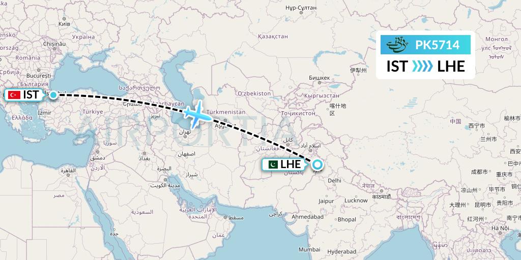 PK5714 Pakistan International Airlines Flight Map: Istanbul to Lahore