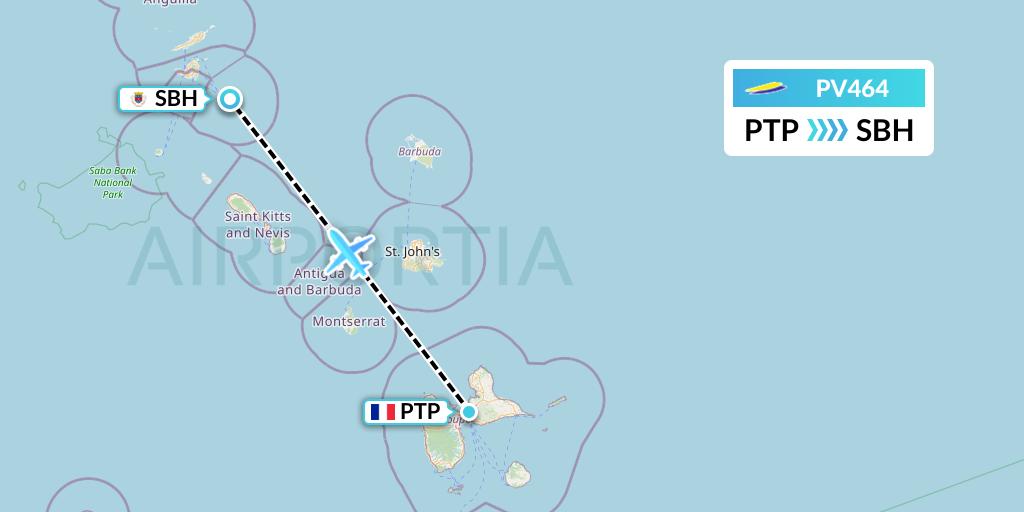 PV464 St. Barth Commuter Flight Map: Pointe-a-Pitre to St. Jean