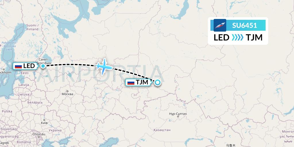 SU6451 Aeroflot Flight Map: St. Petersburg to Tyumen