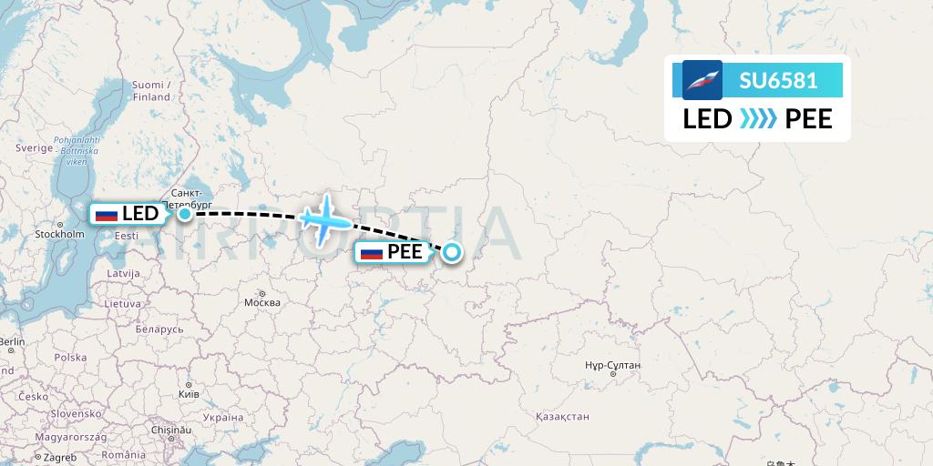 SU6581 Aeroflot Flight Map: St. Petersburg to Perm