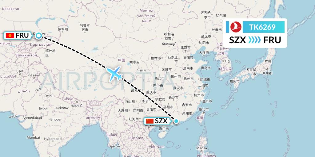 TK6269 Turkish Airlines Flight Map: Shenzhen to Bishkek