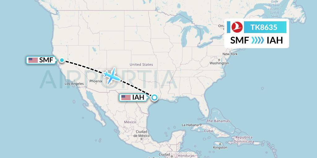 TK8635 Turkish Airlines Flight Map: Sacramento to Houston
