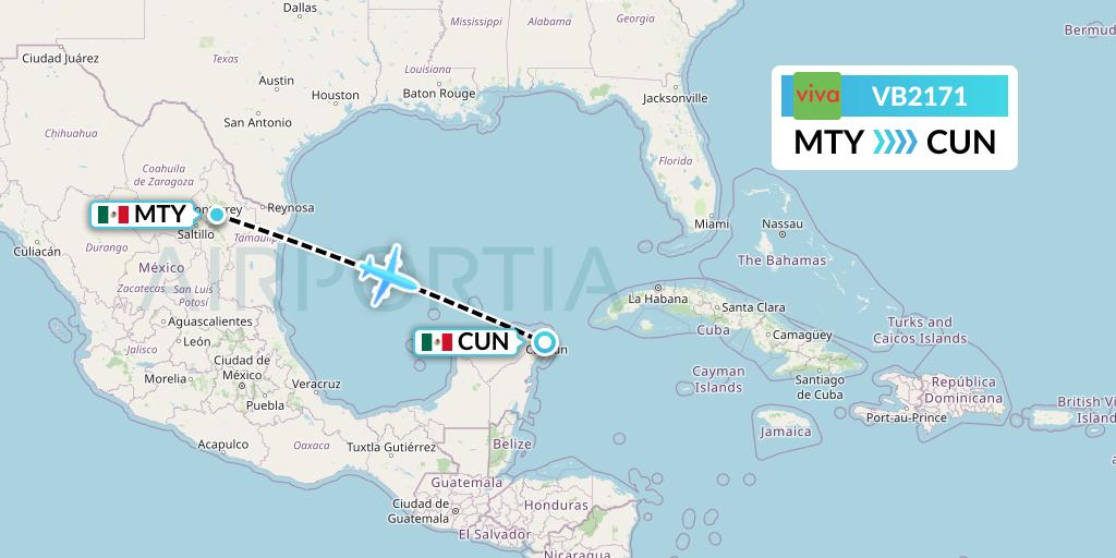 VB2171 VivaAerobus Flight Map: Monterrey to Cancun