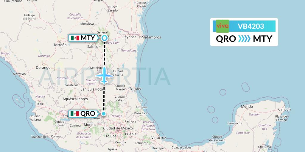 VB4203 VivaAerobus Flight Map: Queretaro to Monterrey