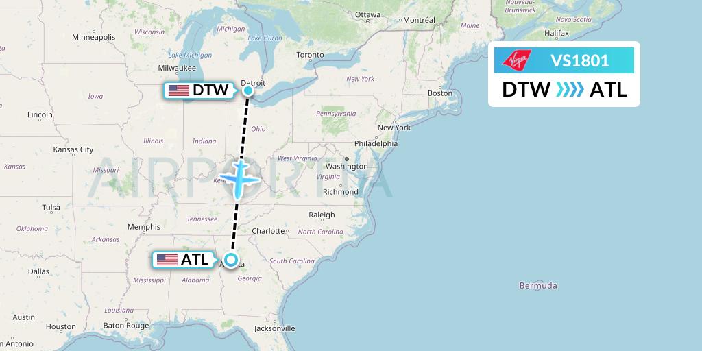 VS1801 Virgin Atlantic Airways Flight Map: Detroit to Atlanta