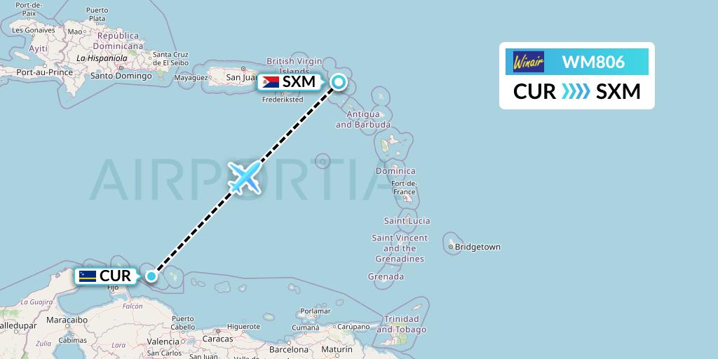 WM806 Winair Flight Map: Willemstad to Sint Maarten
