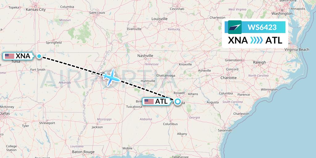 WS6423 WestJet Flight Map: Bentonville to Atlanta