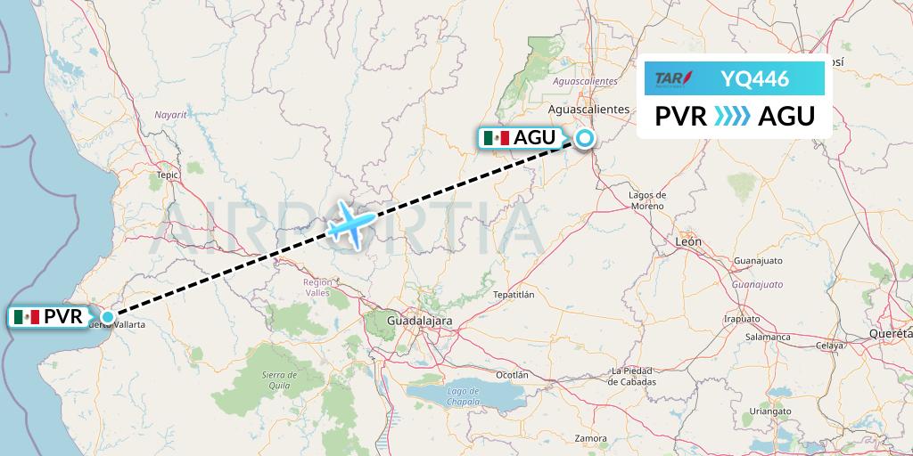 YQ446 TAR Aerolineas Flight Map: Puerto Vallarta to Aguascalientes