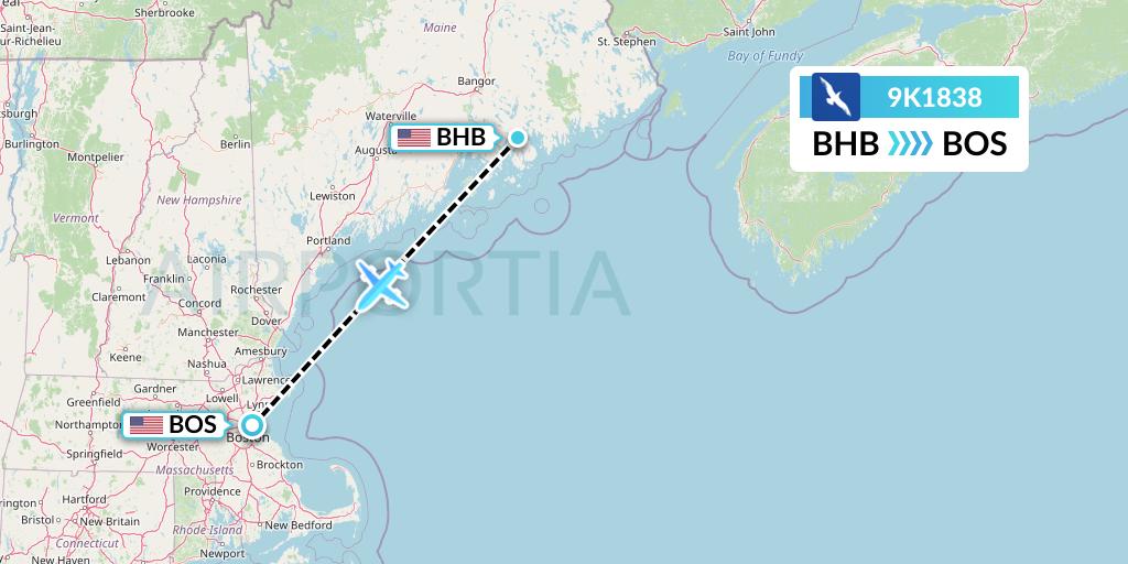 9K1838 Cape Air Flight Map: Bar Harbor to Boston