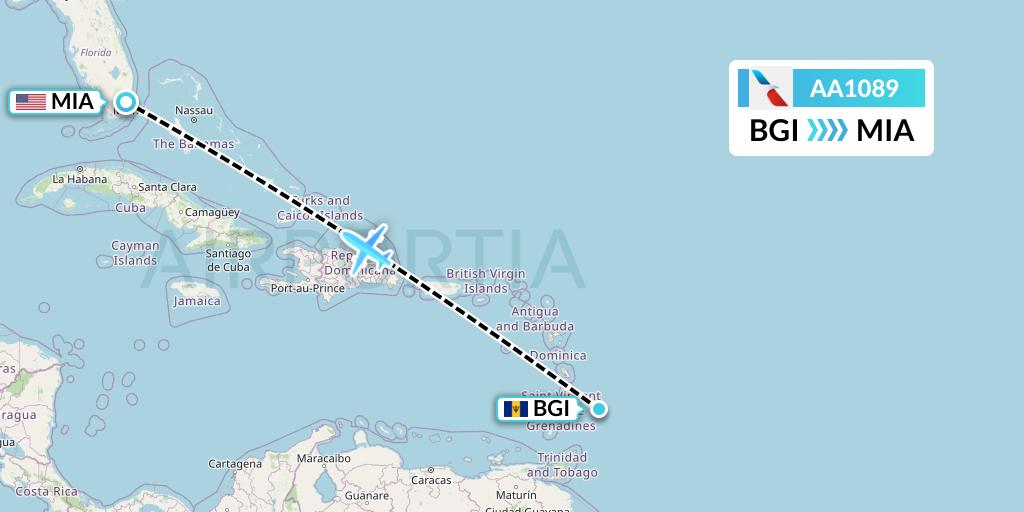 AA1089 American Airlines Flight Map: Bridgetown to Miami