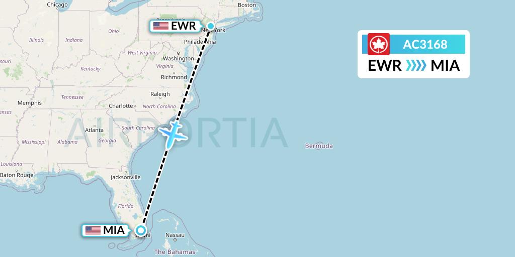 AC3168 Air Canada Flight Map: New York to Miami