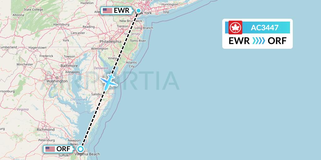 AC3447 Air Canada Flight Map: New York to Norfolk