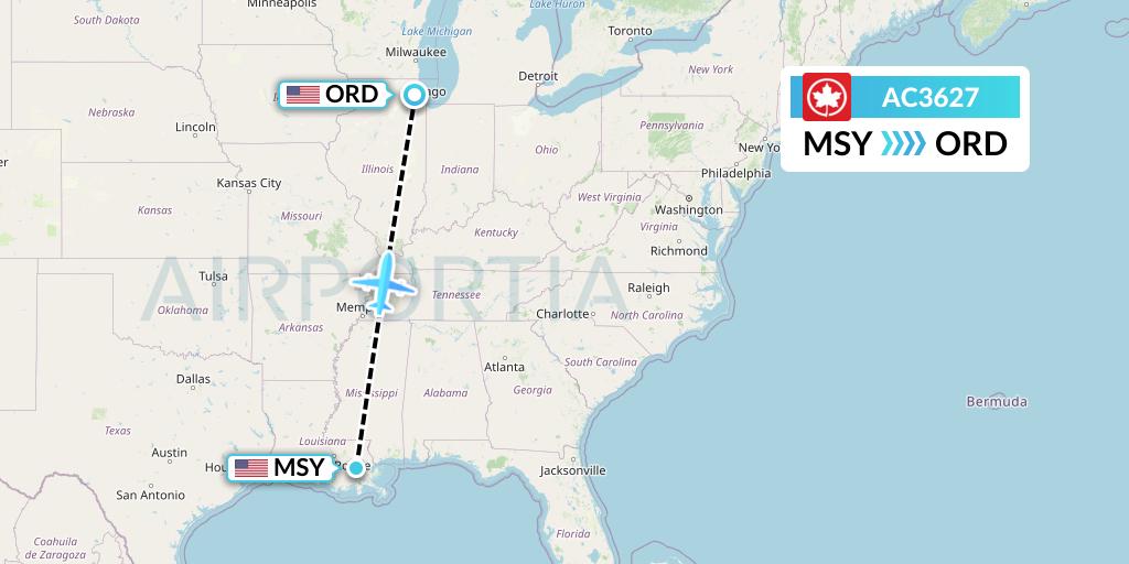 AC3627 Air Canada Flight Map: New Orleans to Chicago