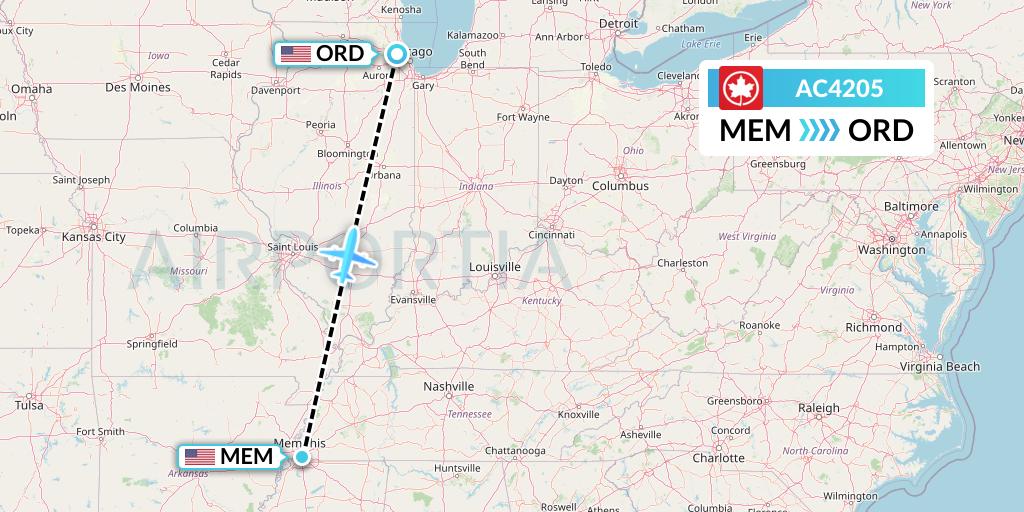 AC4205 Air Canada Flight Map: Memphis to Chicago