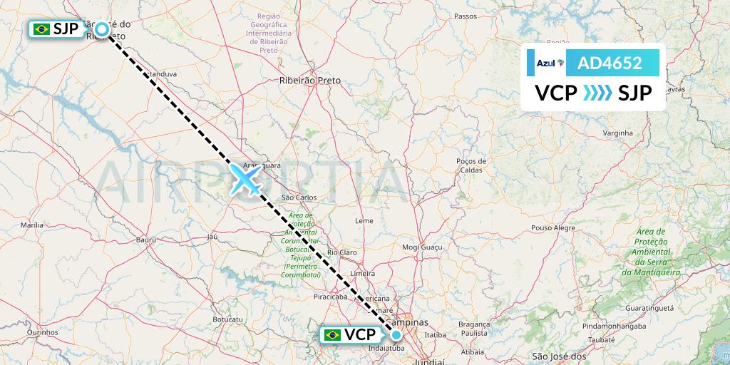 AD4652 Azul Brazilian Airlines Flight Map: Campinas to Sao Jose Do Rio Preto