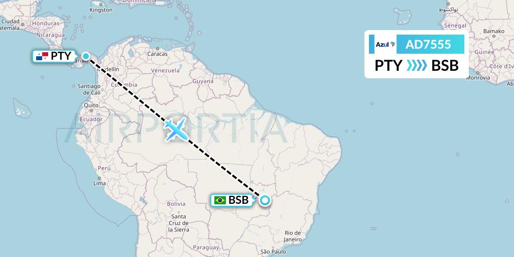 AD7555 Azul Brazilian Airlines Flight Map: Panama City to Brasilia