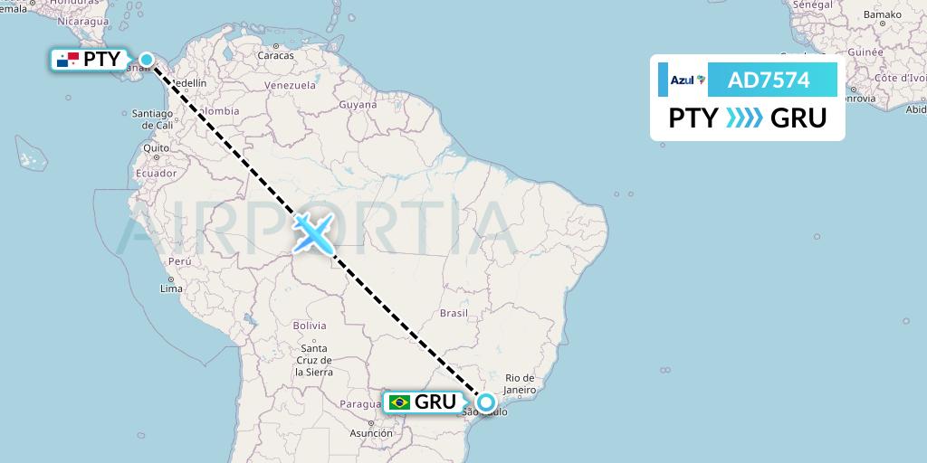 AD7574 Azul Brazilian Airlines Flight Map: Panama City to Sao Paulo