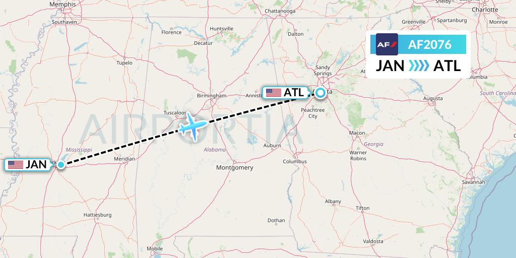 AF2076 Air France Flight Map: Jackson to Atlanta