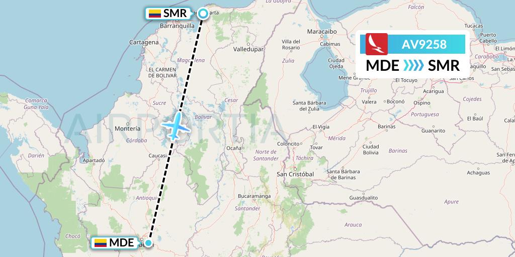 AV9258 Avianca Flight Map: Medellin to Santa Marta