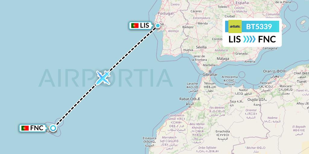 BT5339 Air Baltic Flight Map: Lisbon to Funchal