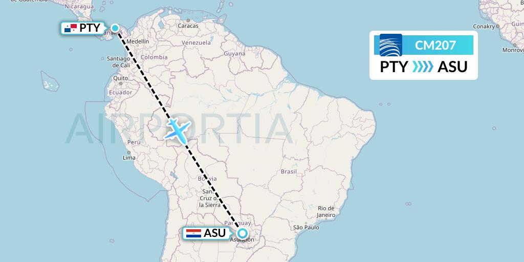 CM207 Copa Airlines Flight Map: Panama City to Asuncion