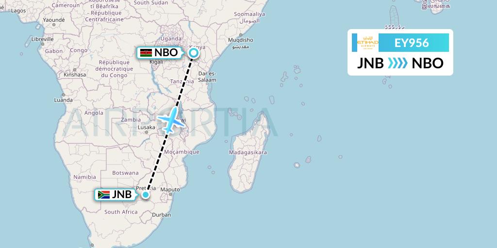 EY956 Etihad Airways Flight Map: Johannesburg to Nairobi