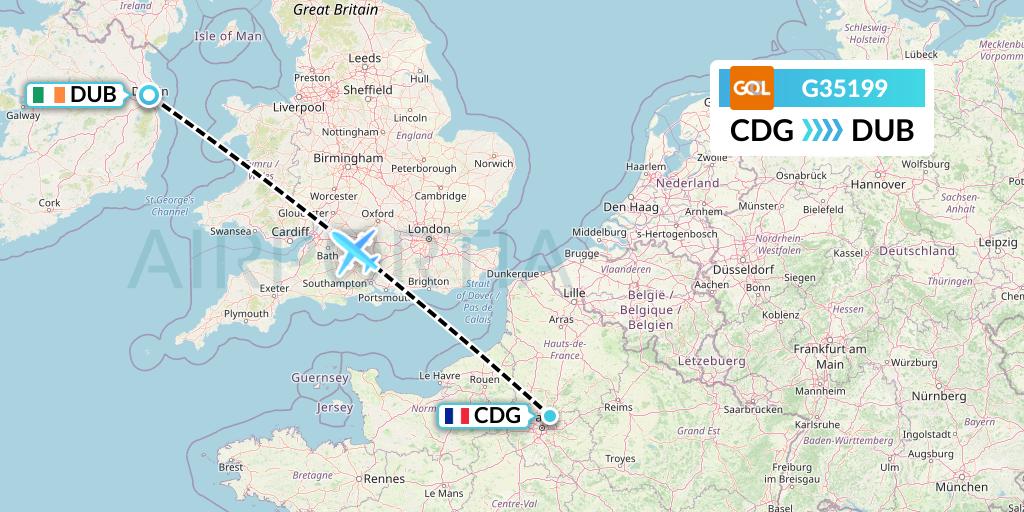 G35199 GOL Transportes Aeros Flight Map: Paris to Dublin