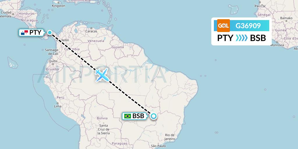 G36909 GOL Transportes Aeros Flight Map: Panama City to Brasilia