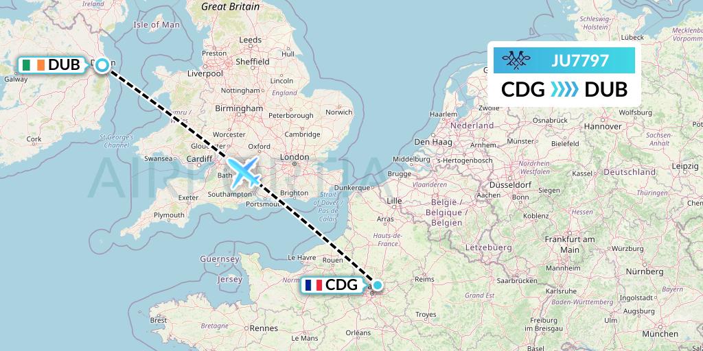 JU7797 AirSERBIA Flight Map: Paris to Dublin