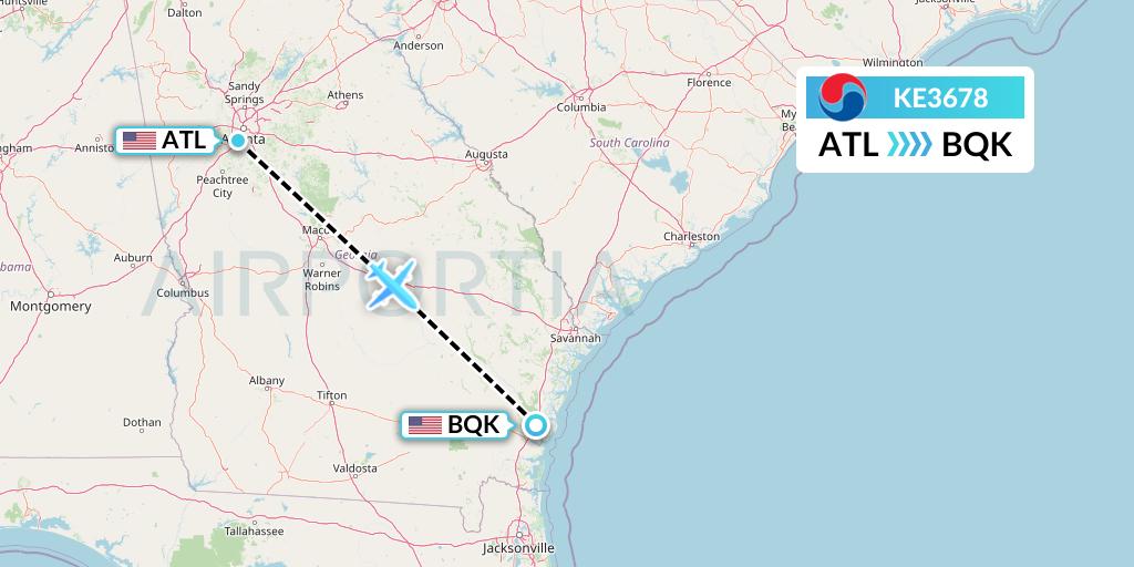 KE3678 Korean Air Flight Map: Atlanta to Brunswick