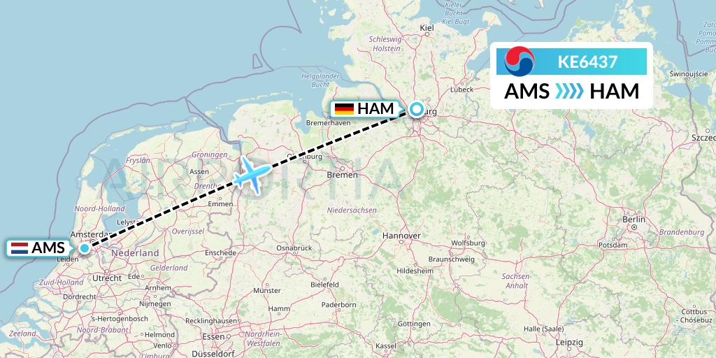 KE6437 Korean Air Flight Map: Amsterdam to Hamburg