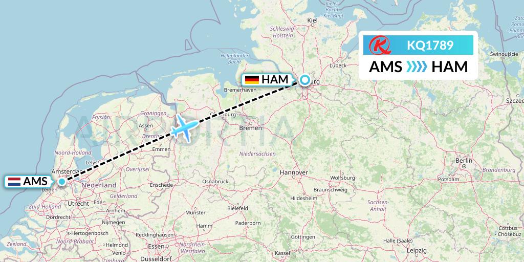 KQ1789 Kenya Airways Flight Map: Amsterdam to Hamburg