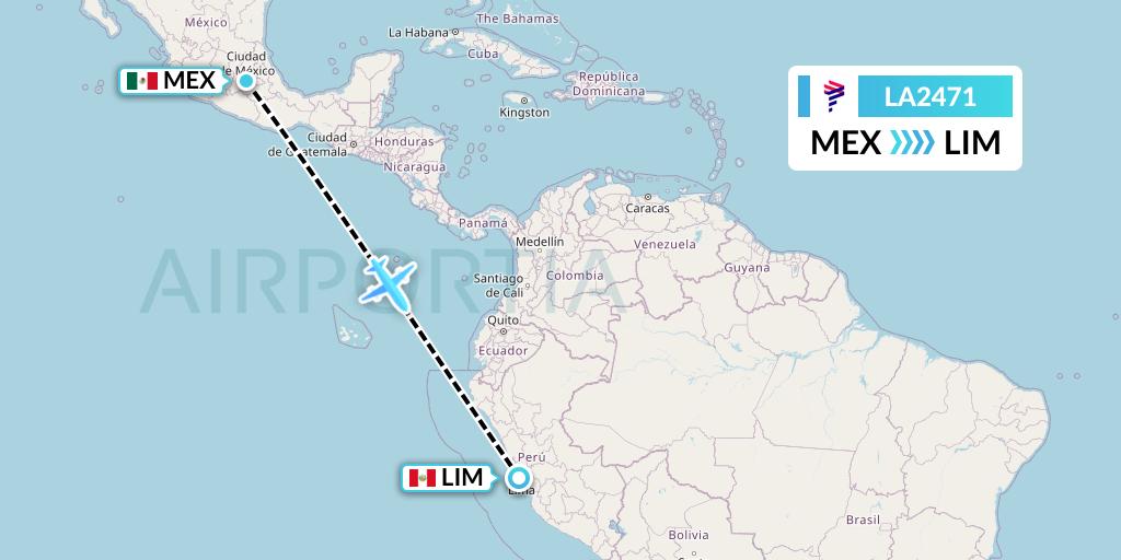LA2471 LAN Airlines Flight Map: Mexico City to Lima