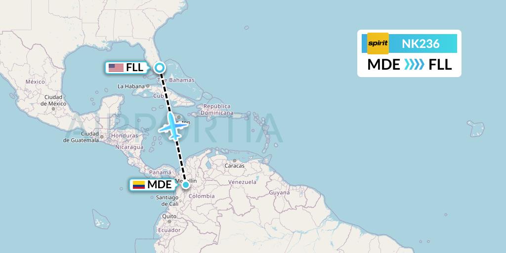 NK236 Spirit Airlines Flight Map: Medellin to Fort Lauderdale