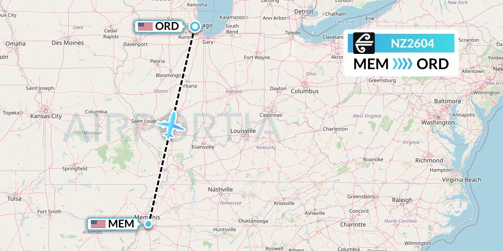 NZ2604 Air New Zealand Flight Map: Memphis to Chicago