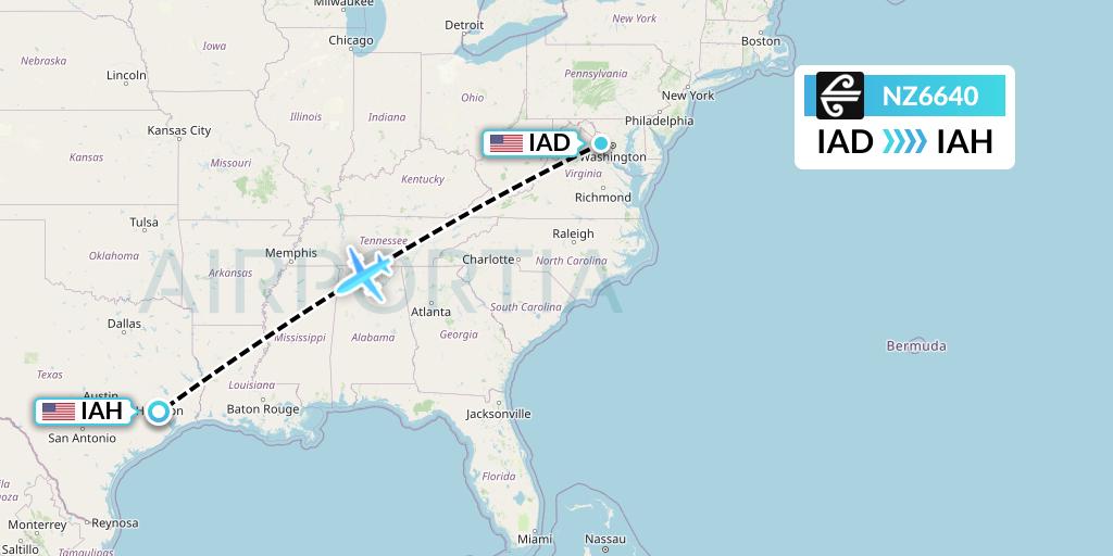 NZ6640 Air New Zealand Flight Map: Washington to Houston
