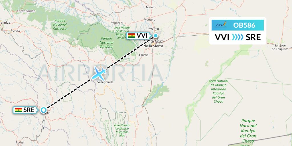 OB586 Boliviana de Aviacion Flight Map: Santa Cruz to Sucre