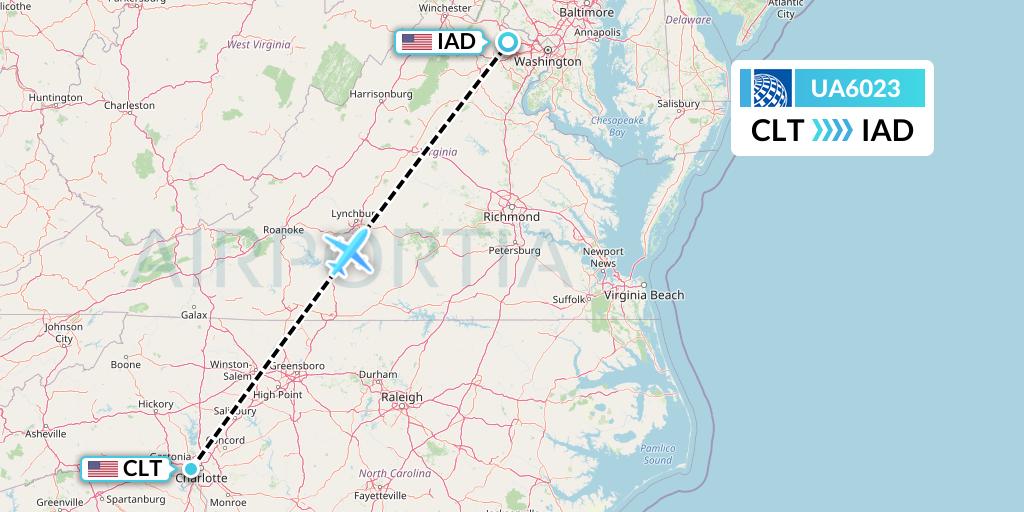 UA6023 United Airlines Flight Map: Charlotte to Washington