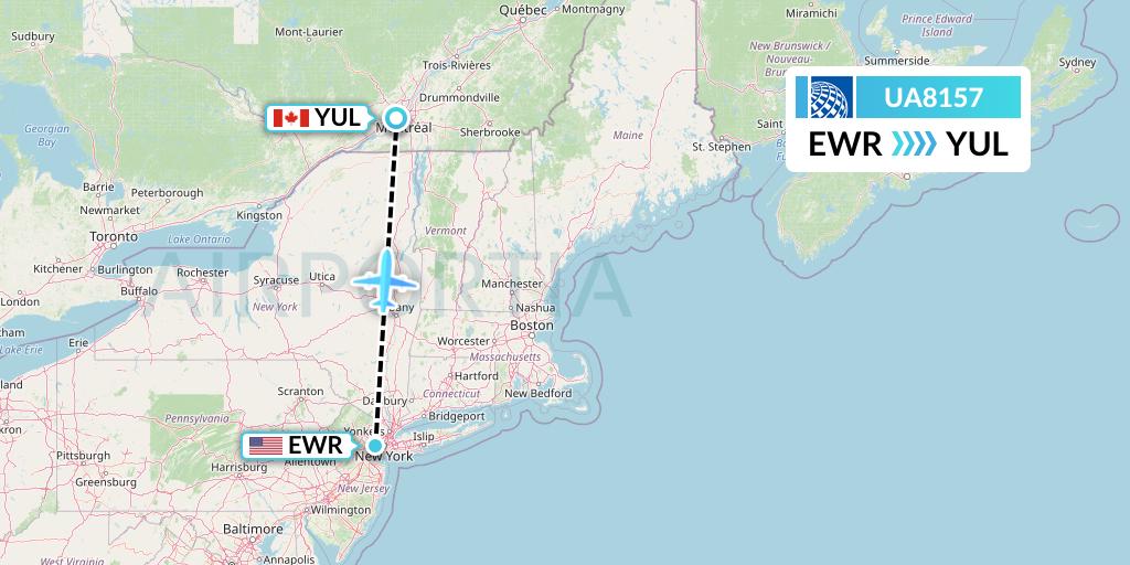 UA8157 United Airlines Flight Map: New York to Montreal
