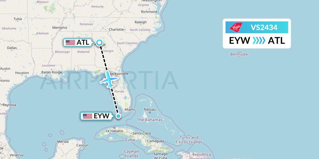 VS2434 Virgin Atlantic Airways Flight Map: Key West to Atlanta