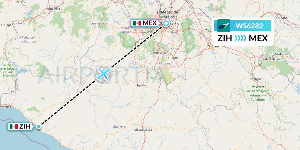 WS6282 WestJet Flight Map: Zihuatanejo to Mexico City