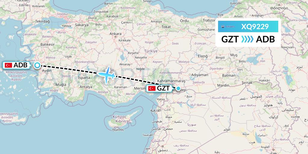XQ9229 SunExpress Flight Map: Gaziantep to Izmir